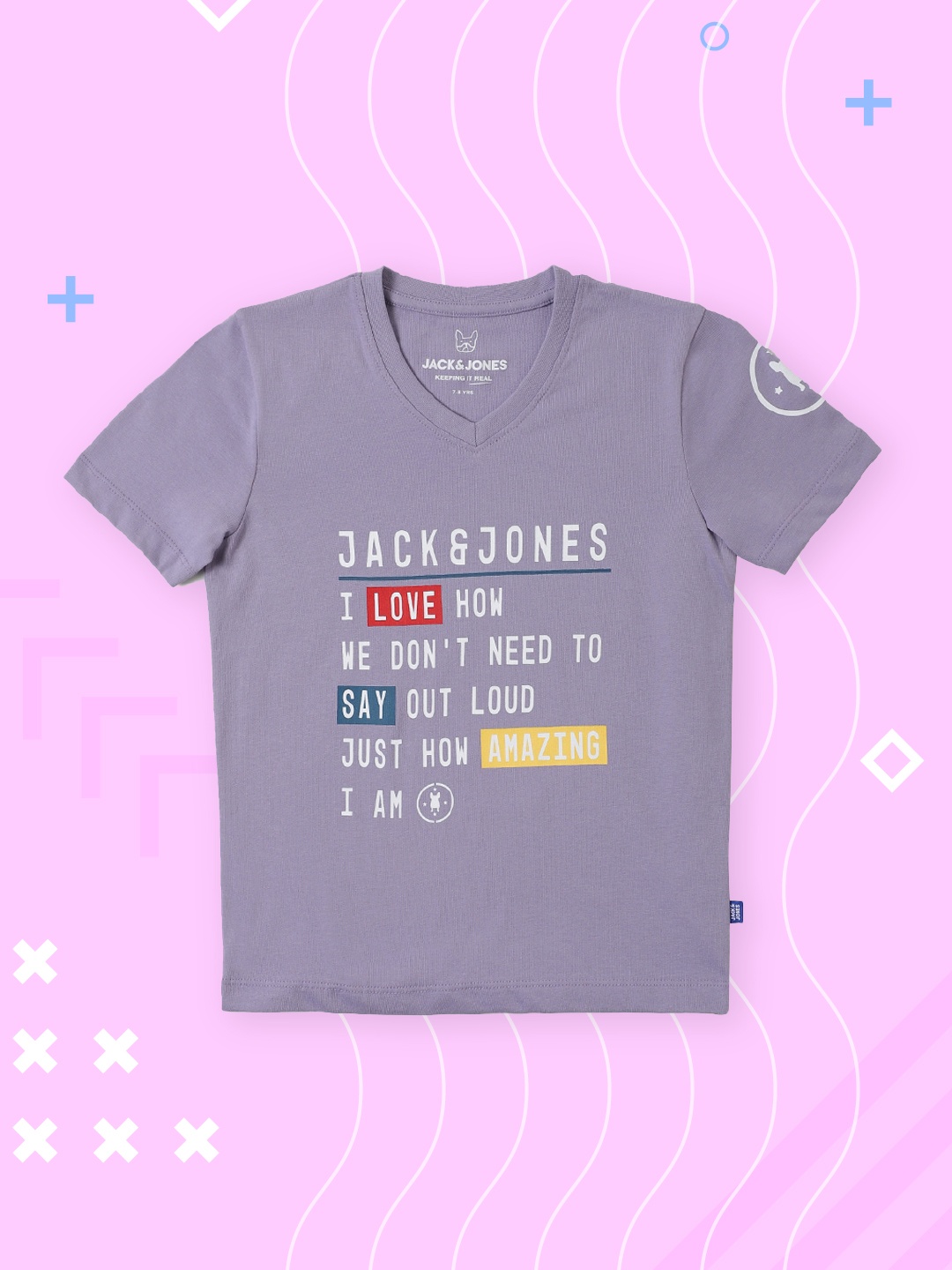 

Jack Jones Boys Purple Typography Printed V-Neck Slim Fit Pure Cotton T-shirt