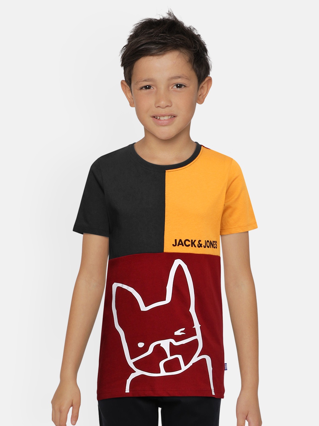 

Jack & Jones Boys Yellow & Maroon Colourblocked Round Neck T-shirt