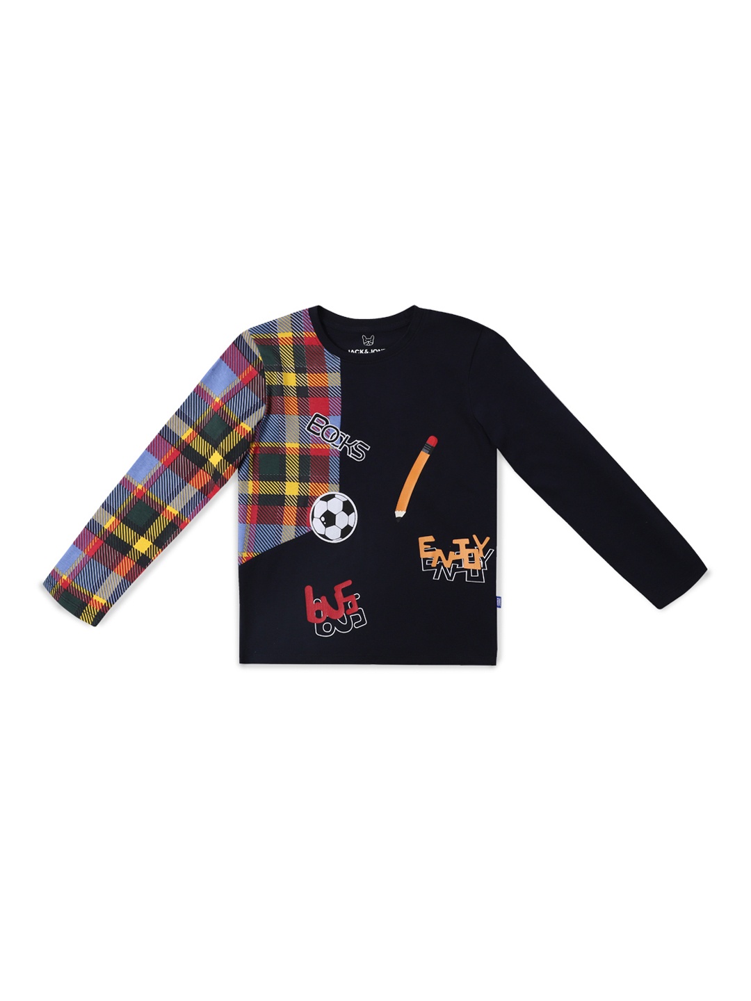 

Jack Jones Boys Navy Blue Red Checked Slim Fit Pure Cotton T-shirt