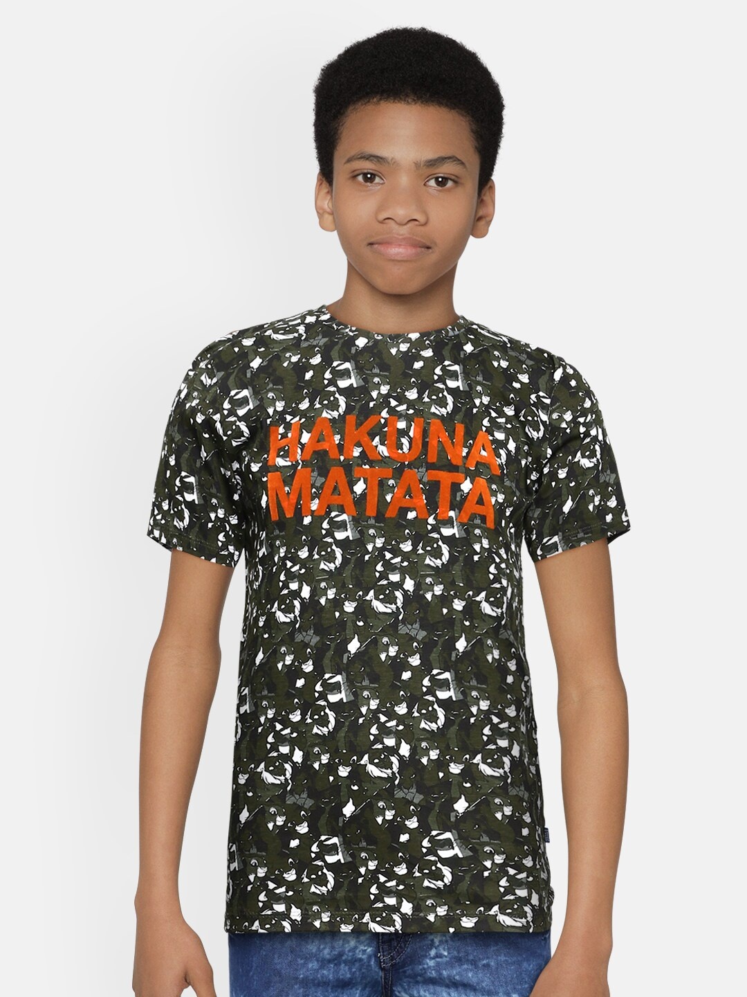 

Jack & Jones Boys Green & Black Printed Pure Cotton Round Neck T-shirt