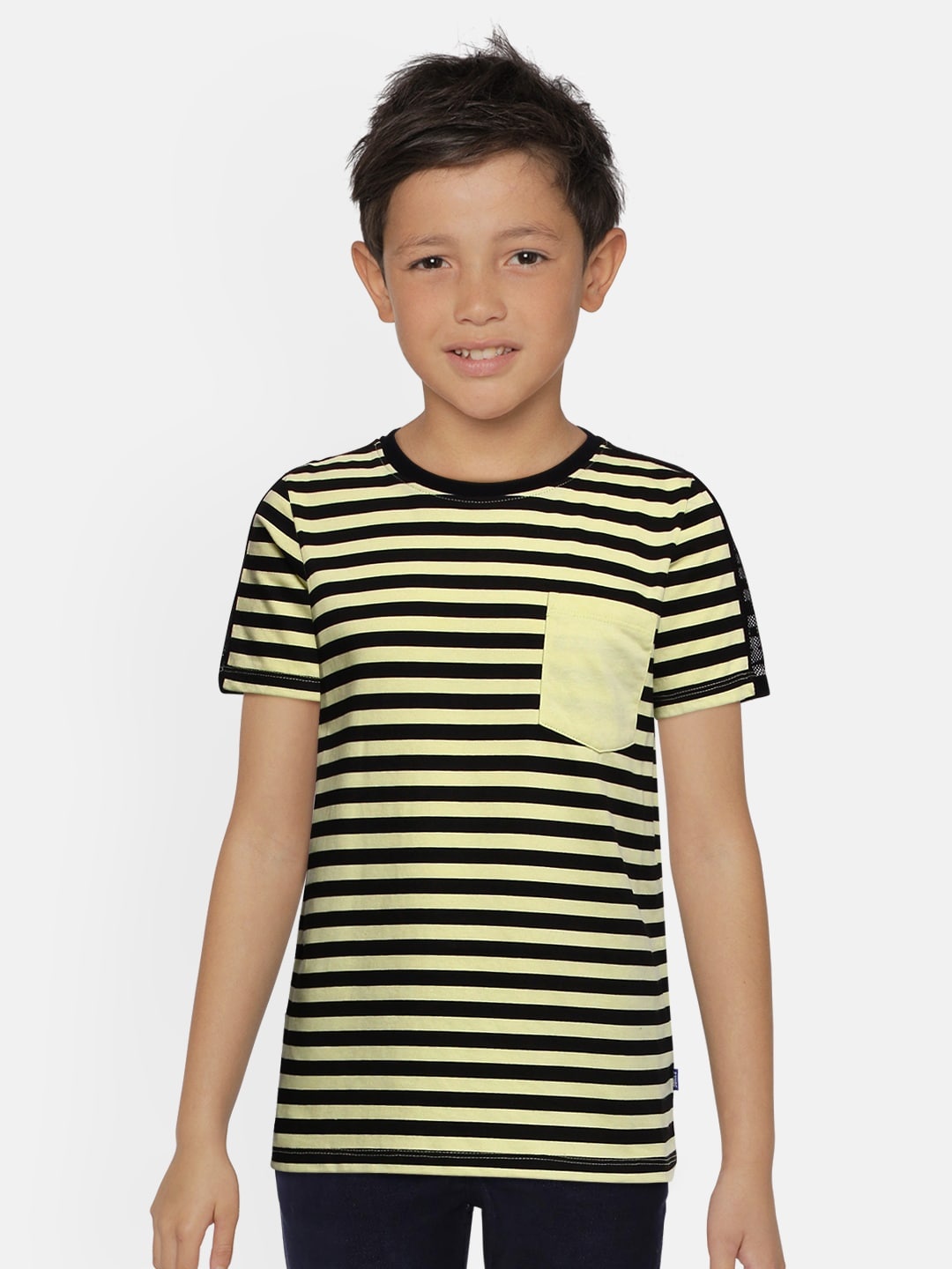 

Jack Jones Boys Black Beige Striped Round Neck Pure Cotton T-shirt