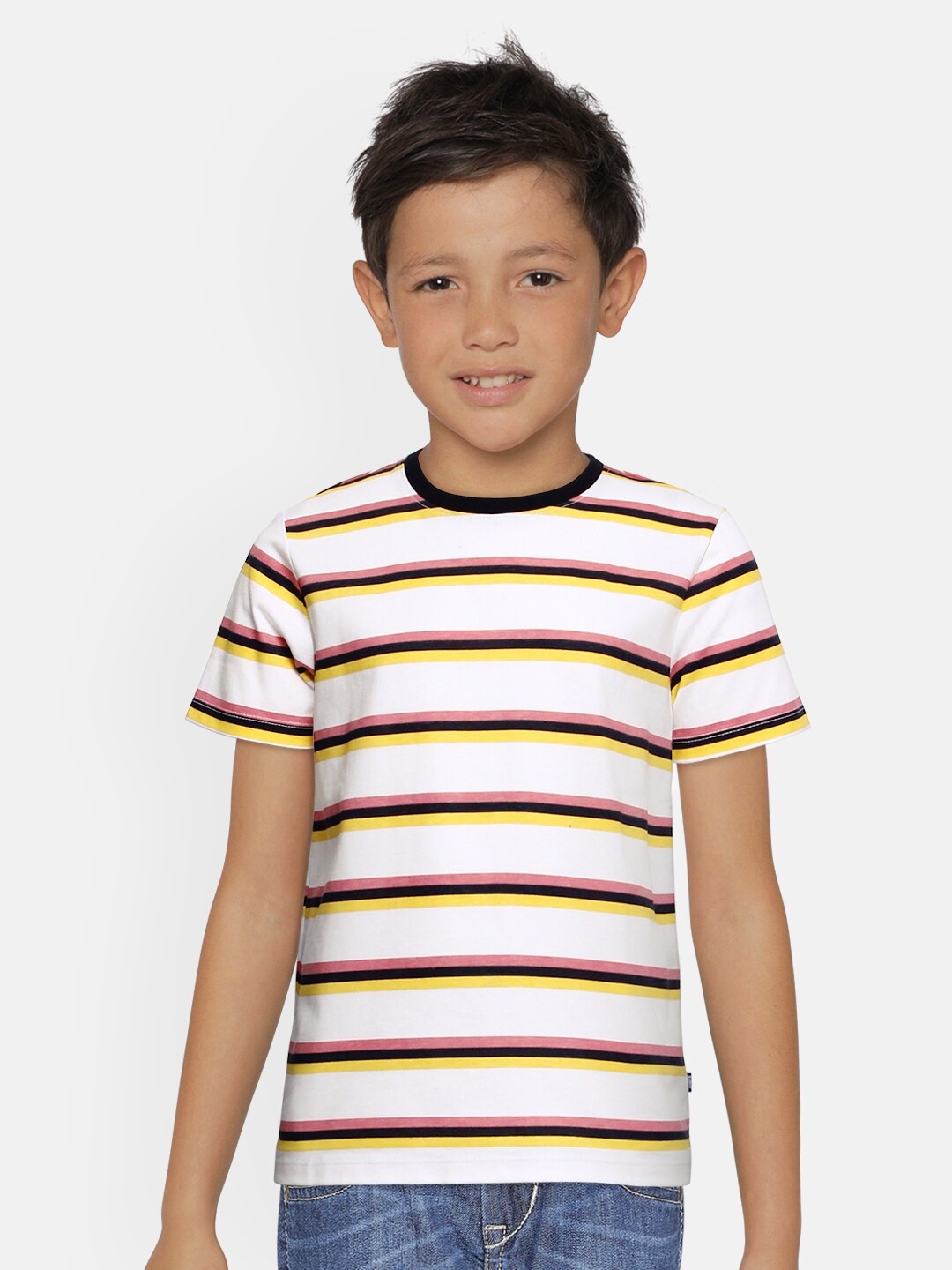 

Jack Jones Boys White Yellow Striped Round Neck Pure Cotton T-shirt