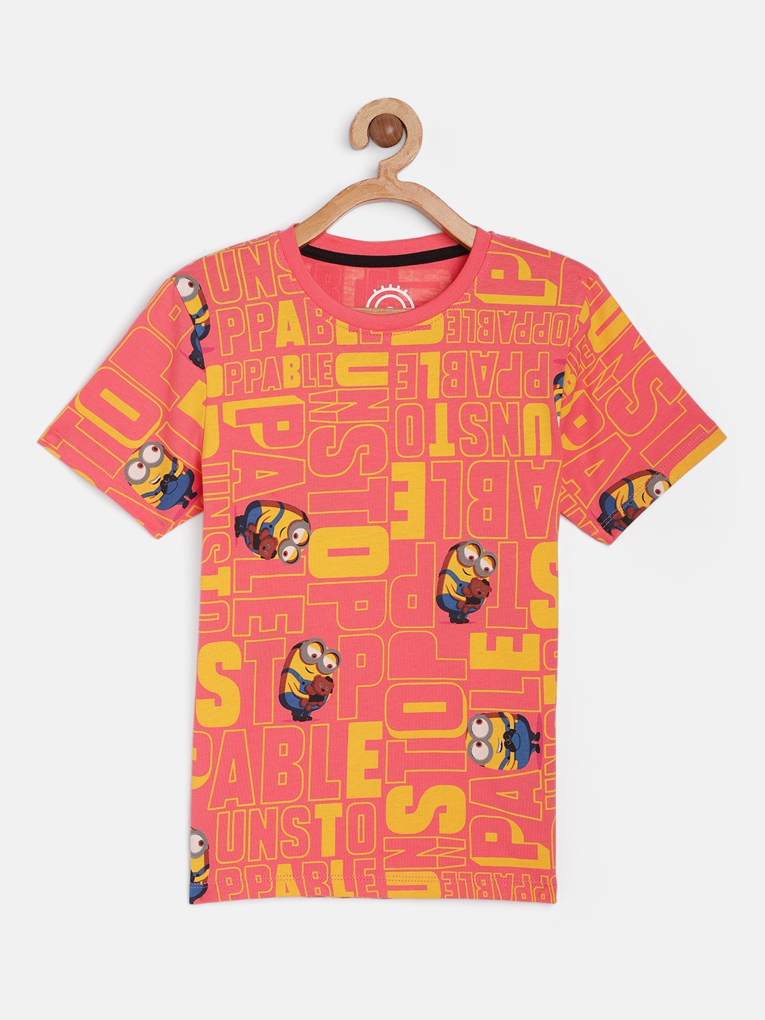 

Jack Jones Boys Peach Typography Minions Printed Slim Fit Pure Cotton T-shirt