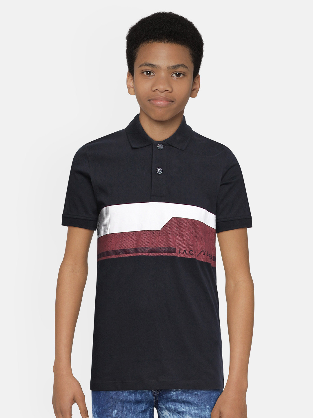 

Jack Jones Navy Blue Colourblocked Pure Cotton Polo Collar Pure Cotton T-shirt