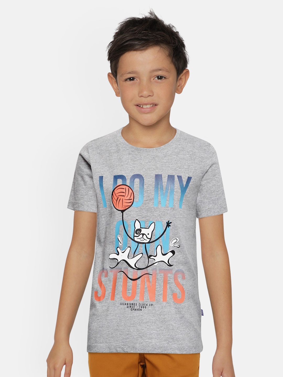 

Jack & Jones Boys Grey Melange Printed Round Neck Pure Cotton T-shirt
