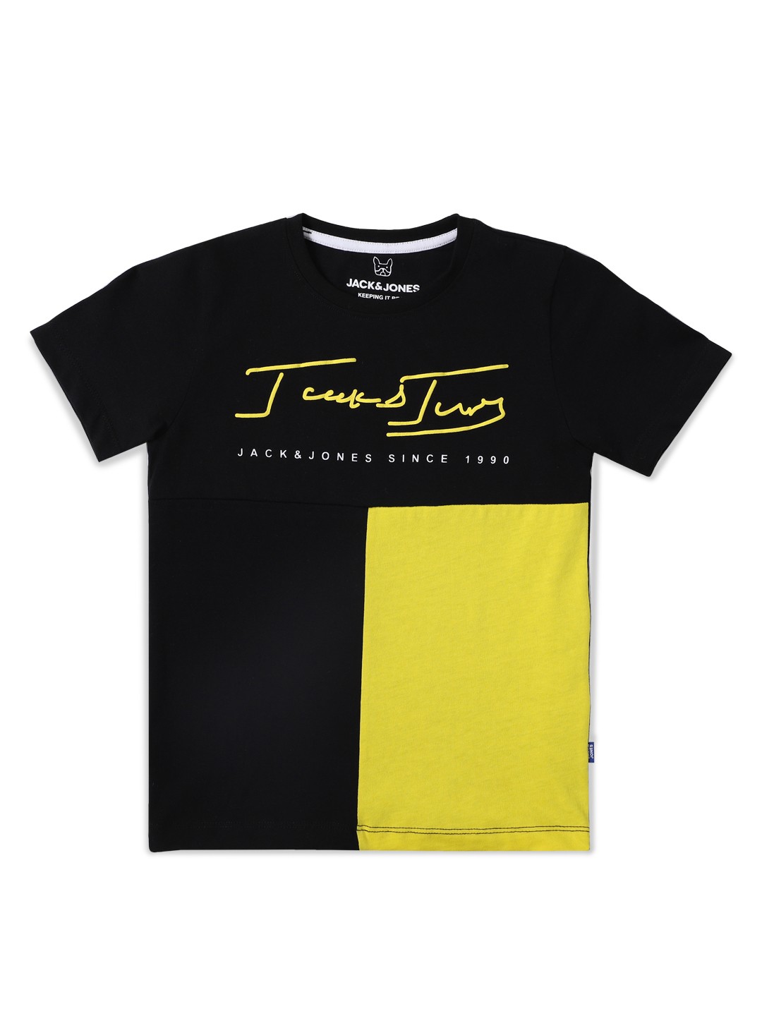 

Jack & Jones Boys Black & Yellow Brand Logo Colourblocked Slim Fit Cotton T-shirt