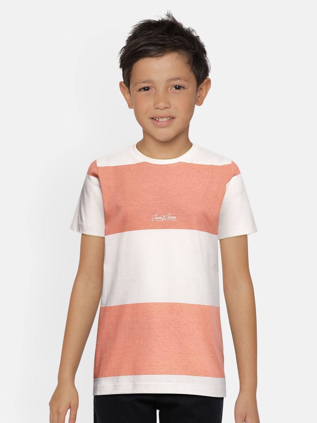 

Jack Jones Boys Pink White Colourblocked Round Neck Pure Cotton T-shirt
