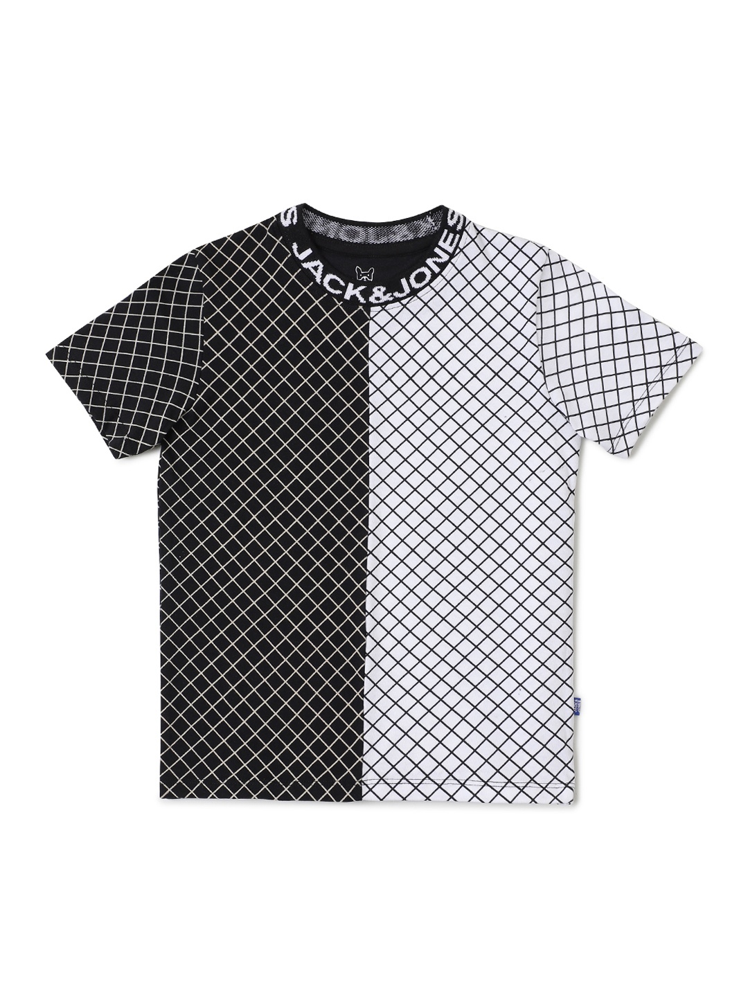 

Jack Jones Boys Black White Checked Monochrome Slim Fit Pure Cotton T-shirt