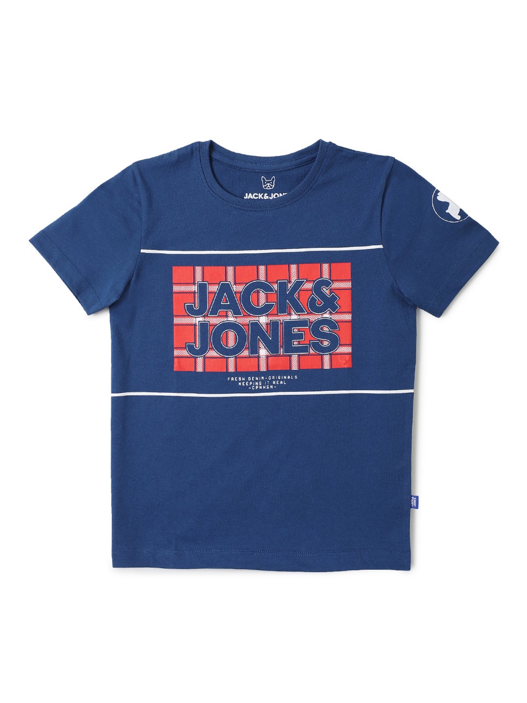 

Jack Jones Boys Navy Blue Brand Logo Printed Slim Fit Pure Cotton T-shirt