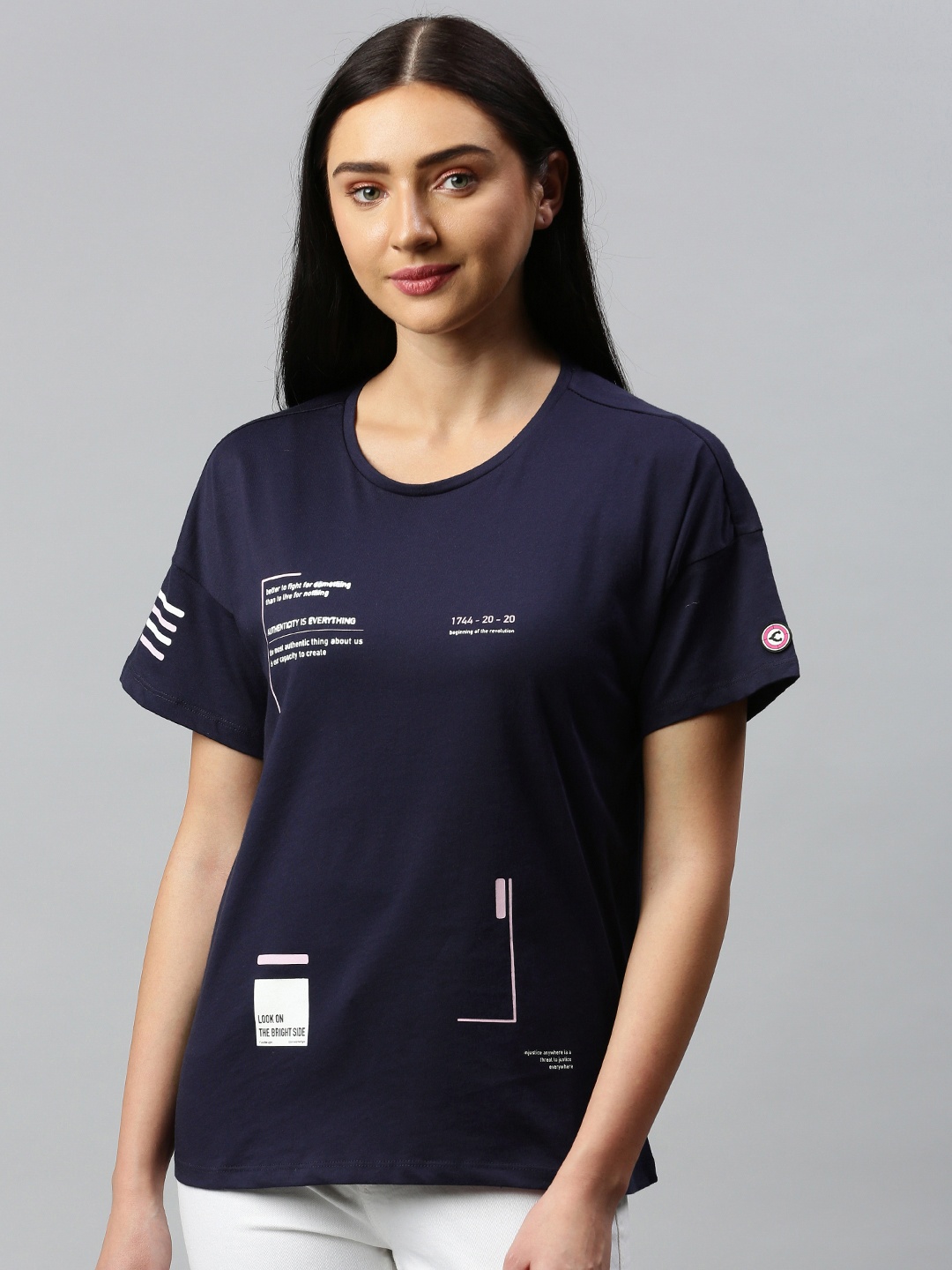 

Allen Solly Tribe Women Navy Blue Printed Round Neck Pure Cotton T-shirt