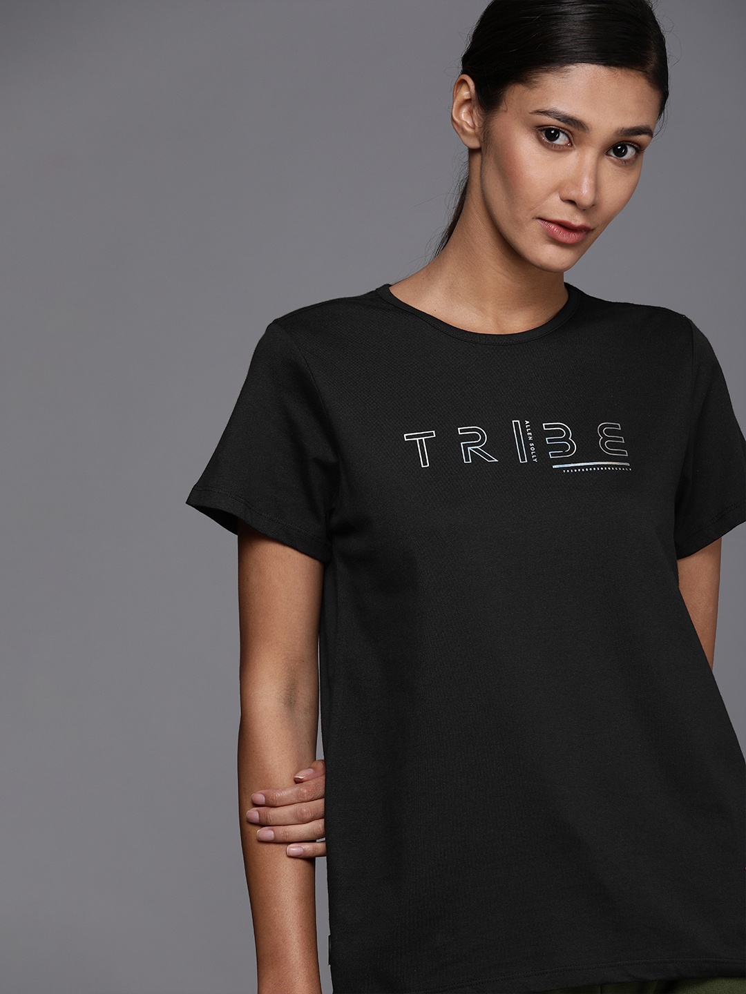 

Allen Solly Tribe Women Black Grey Typography Printed Pure Cotton T-shirt