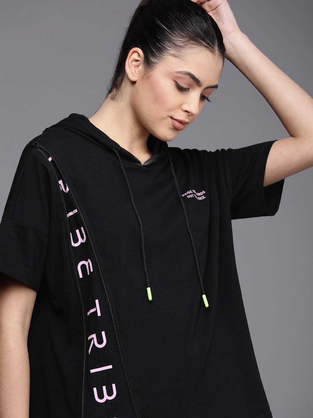 

Allen Solly Tribe Women Black Typography Printed Pure Cotton Hooded T-shirt