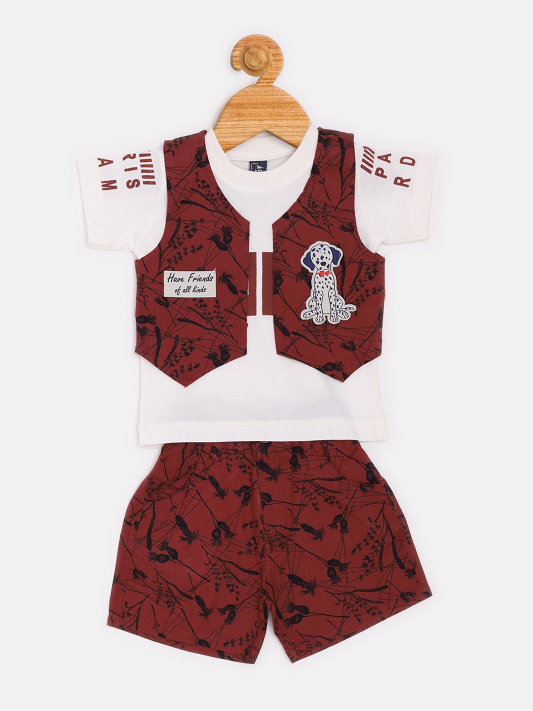 

Jaybee Boys Maroon & White Printed Cotton T-shirt with Waistcoat & Shorts