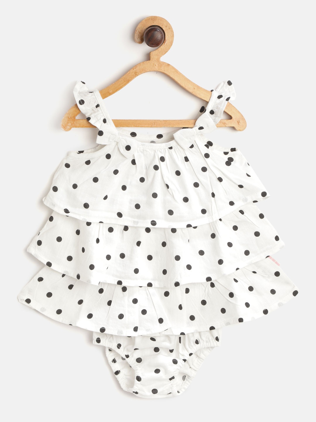 

Gini and Jony Infant Girls White Pure Cotton Polka Dot Tiered A-Line Dress & Briefs