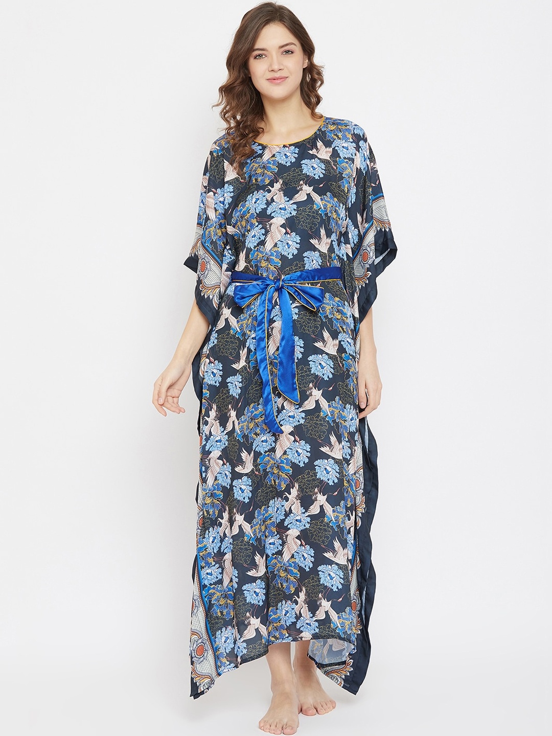 

The Kaftan Company Navy Blue & Beige Printed Nightdress