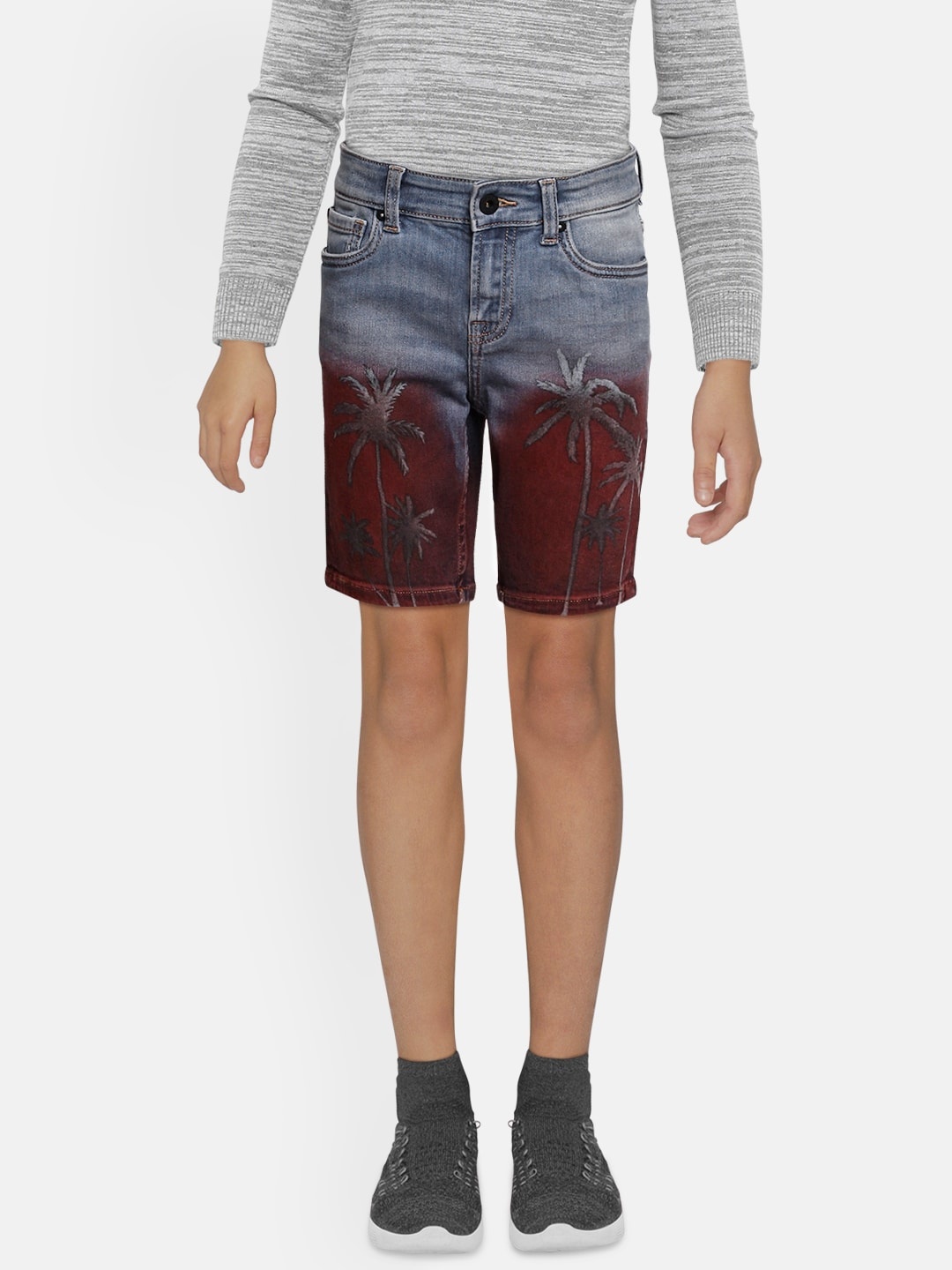 

Jack & Jones Boys Blue & Maroon JJI RICK ORIGIN Printed Regular Fit Denim Shorts