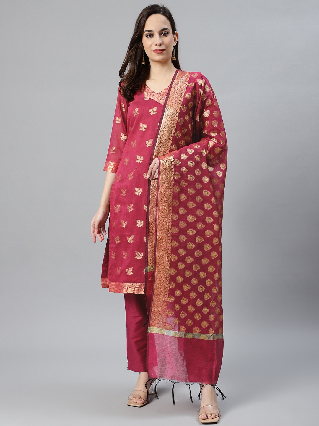 

Chhabra 555 Women Pink & Golden Woven Design Made to Measure Kurta with Trousers & Dupatta