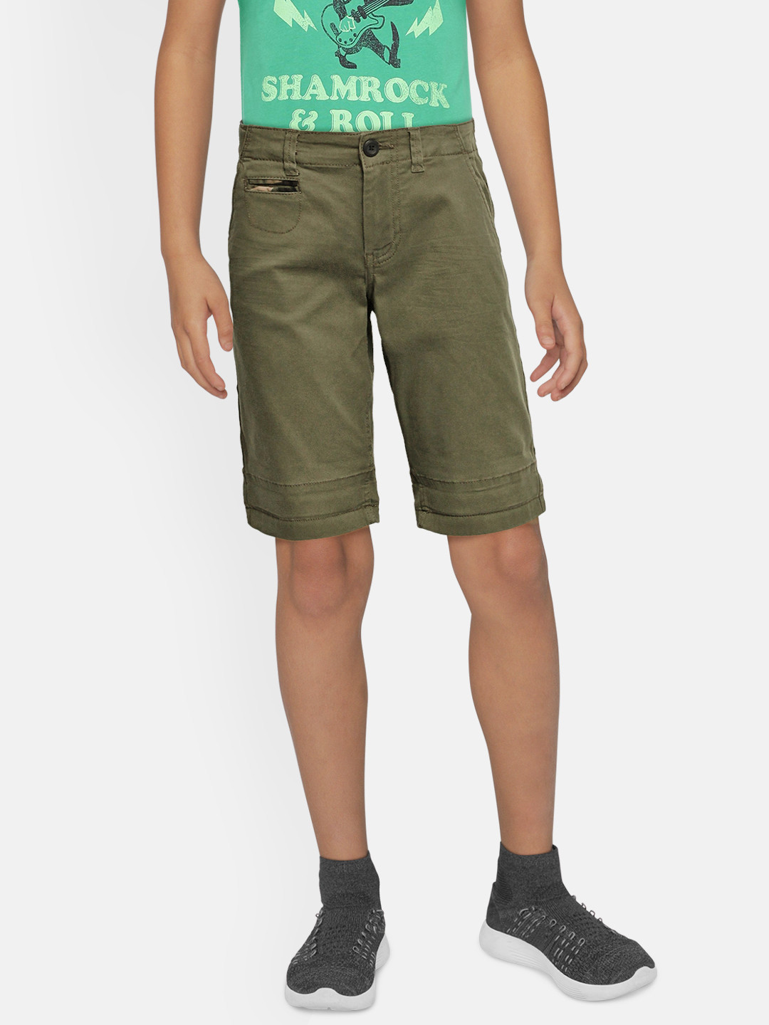 

Jack & Jones Boys Olive Green Solid Regular Fit JJI MILITIA Chino Shorts