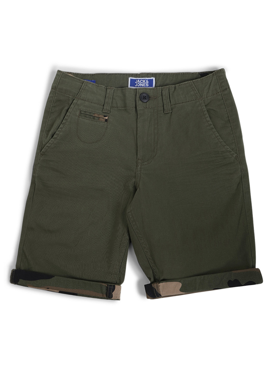 

Jack & Jones Boys Olive Green Solid Regular Fit JJI MILITIA Chino Shorts