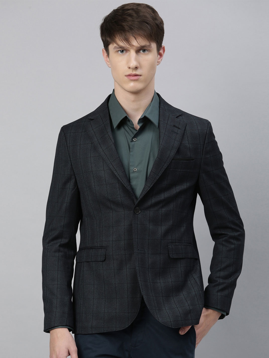 

RARE RABBIT Men Charcoal Grey Checked Regular-Fit Single-Breasted Formal Blazer