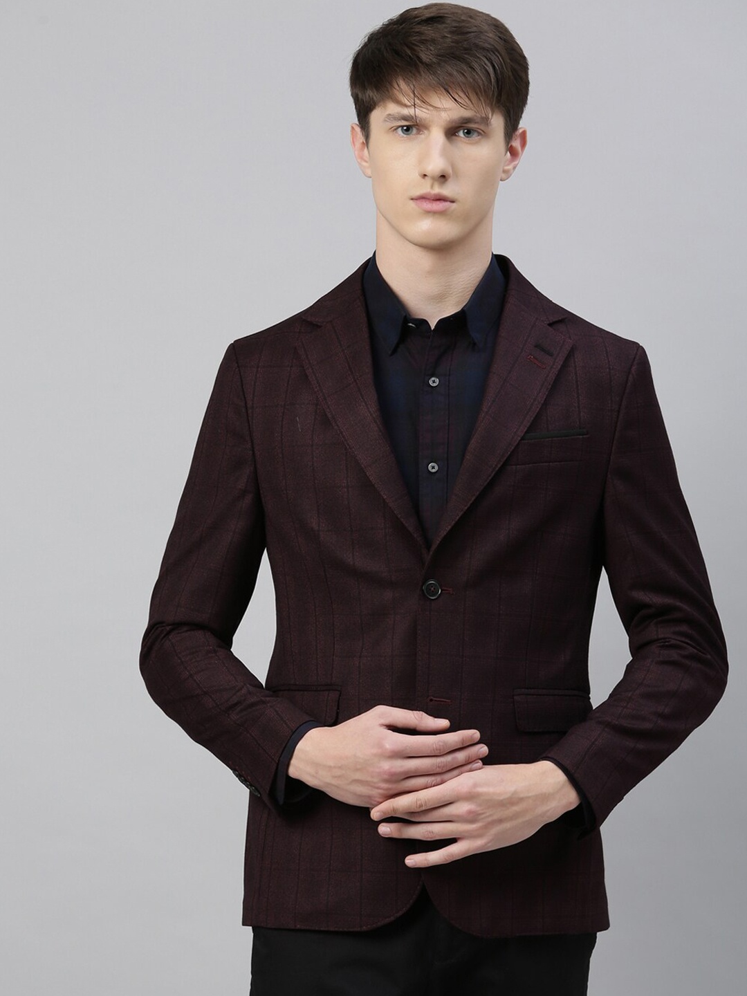 

RARE RABBIT Men Maroon Checked Single-Breasted Blazer