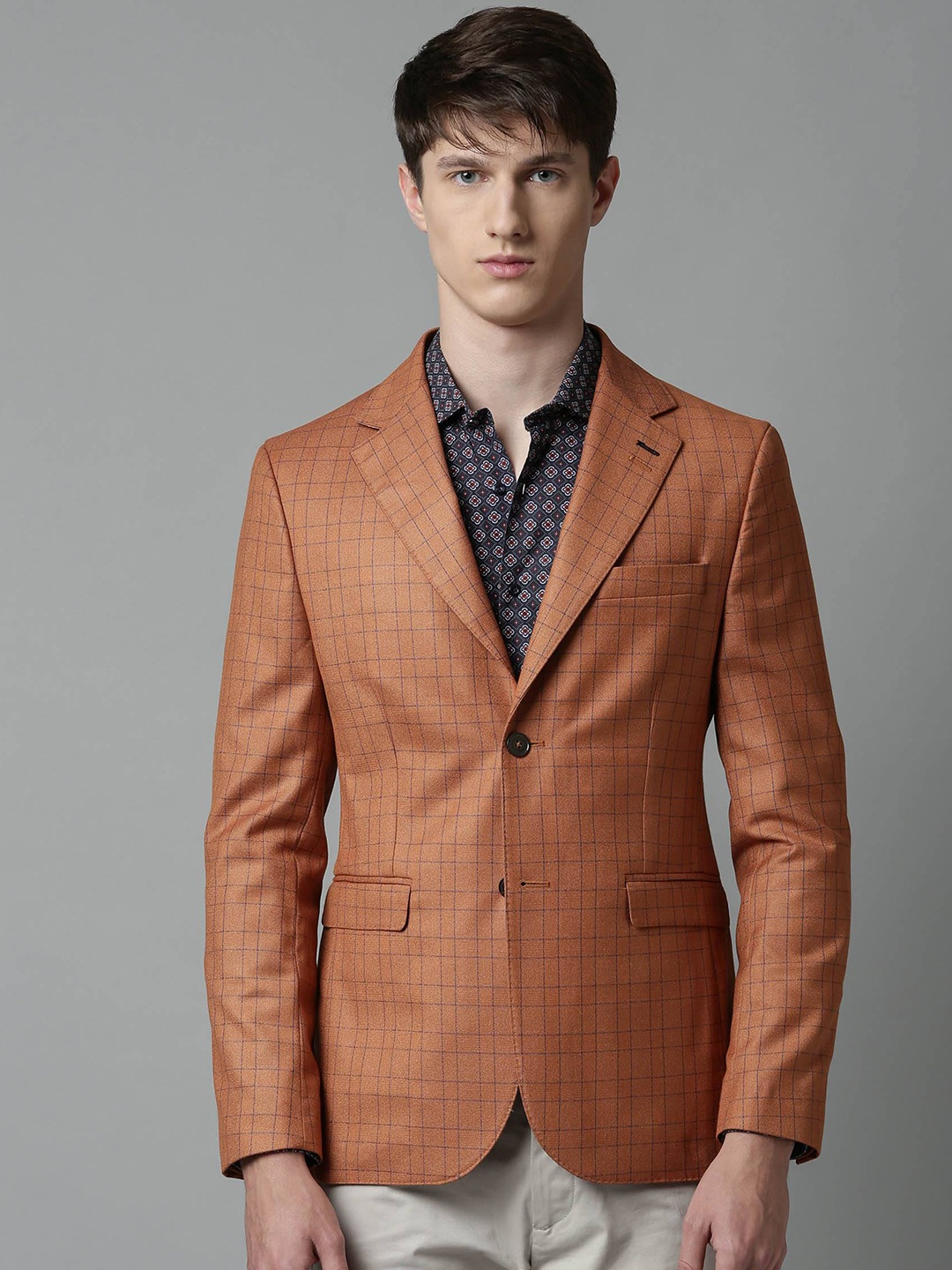 

RARE RABBIT Men Rage Slim Fit Checked Single-Breasted Blazer, Rust
