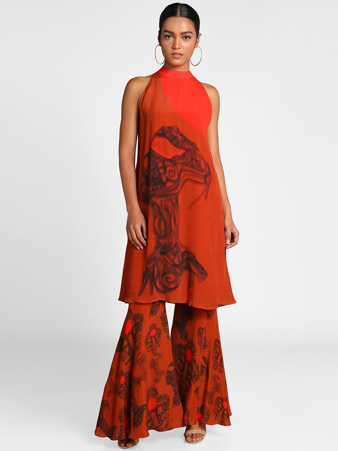 

Masaba Women Brown & Orange Printed Tunic with Palazzos