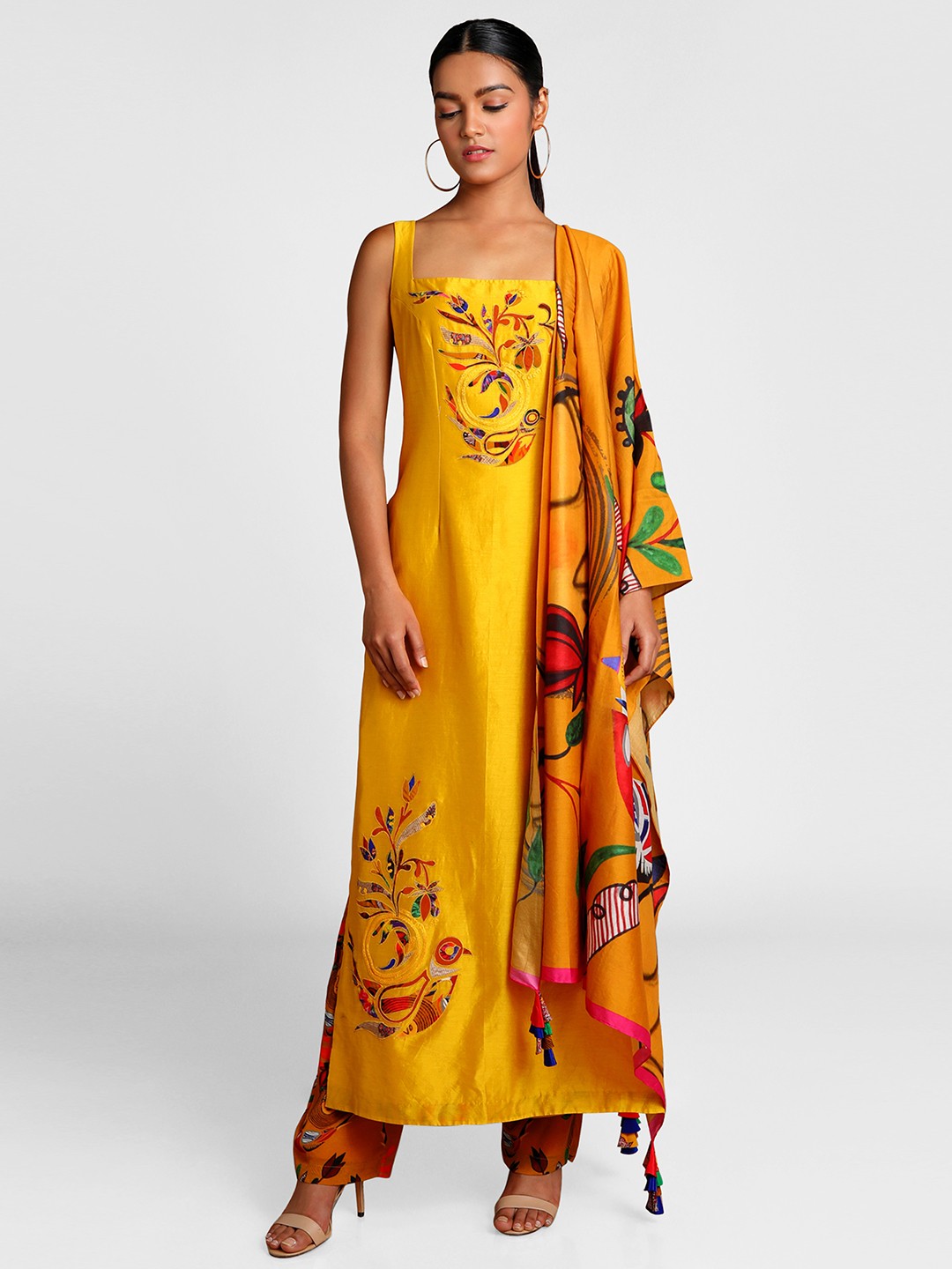 

Masaba Women Yellow & Red Embroidered Kurta with Palazzos & Dupatta