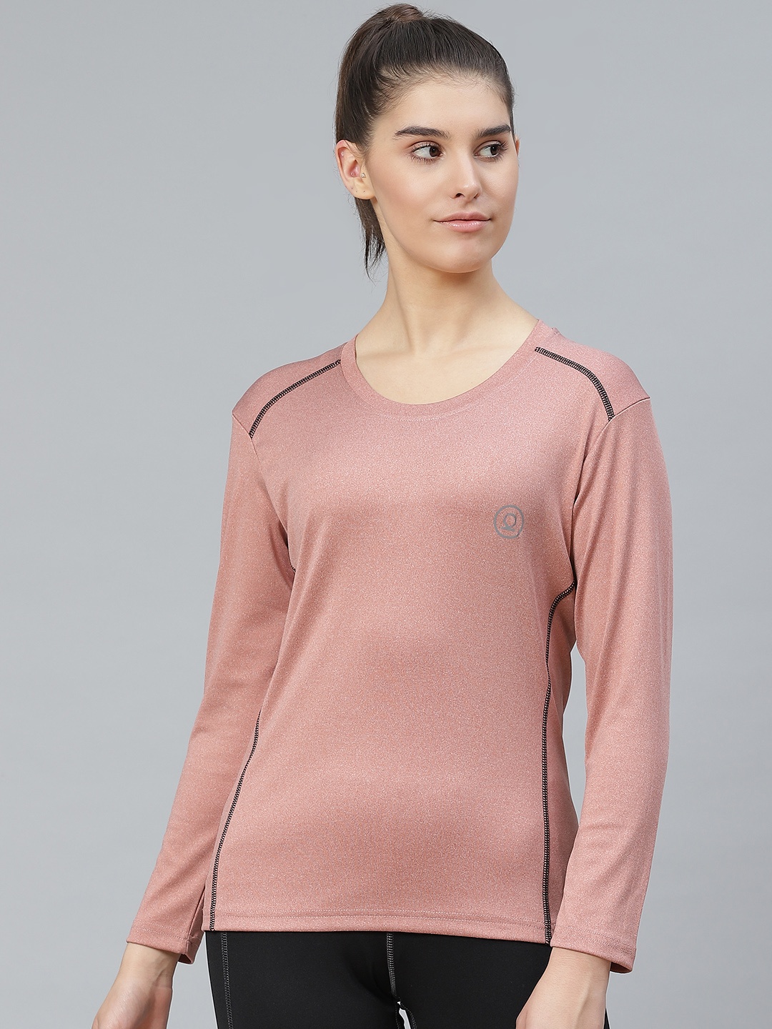 

Chkokko Women Peach-Coloured Solid Round Neck Active Sports T-shirt