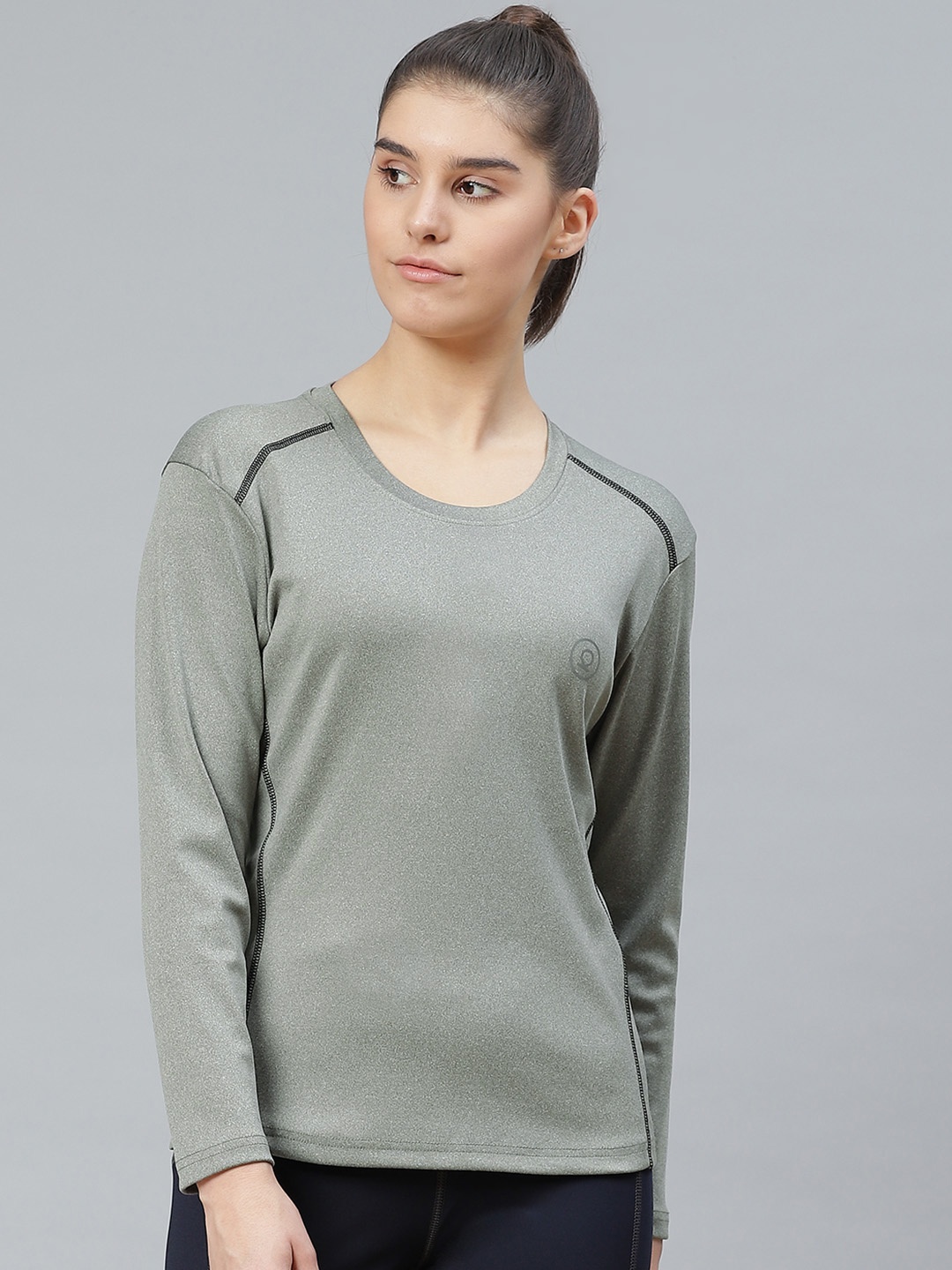 

CHKOKKO Women Olive Green Solid Round Neck Active Sports T-shirt