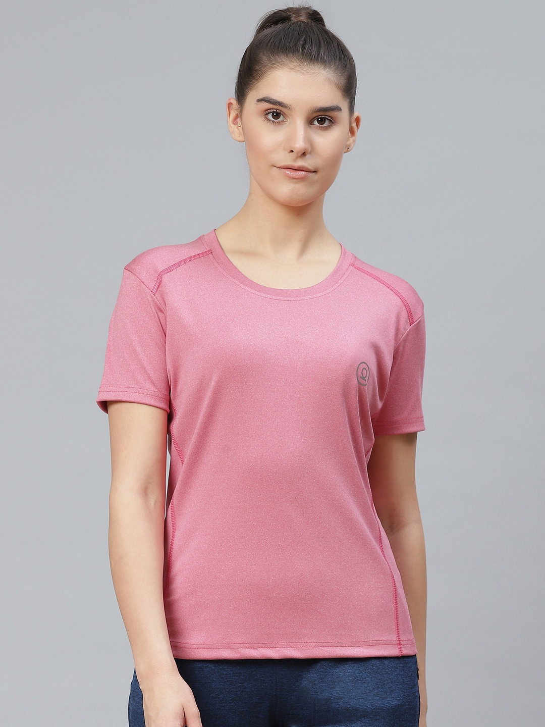 

CHKOKKO Women Pink Solid Round Neck Active Sports T-shirt