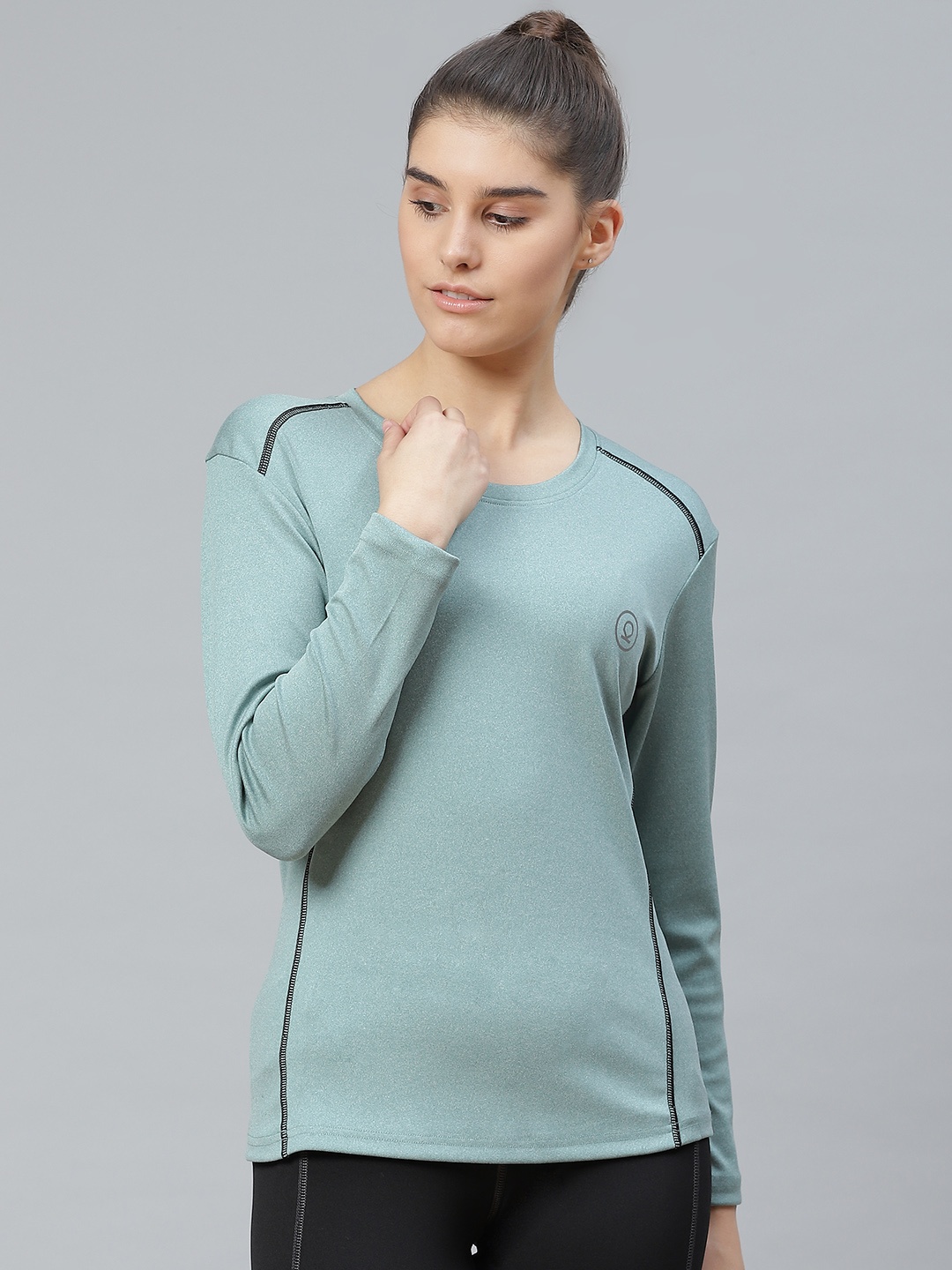 

CHKOKKO Women Sea Green Solid Round Neck Active Sports T-shirt