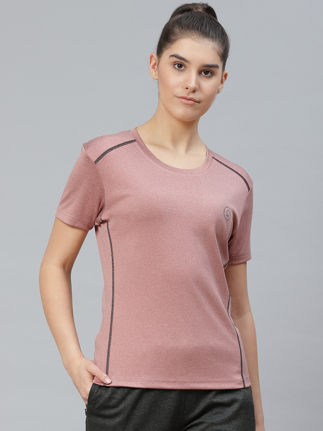 

CHKOKKO Women Pink Solid Round Neck Active Sports T-shirt