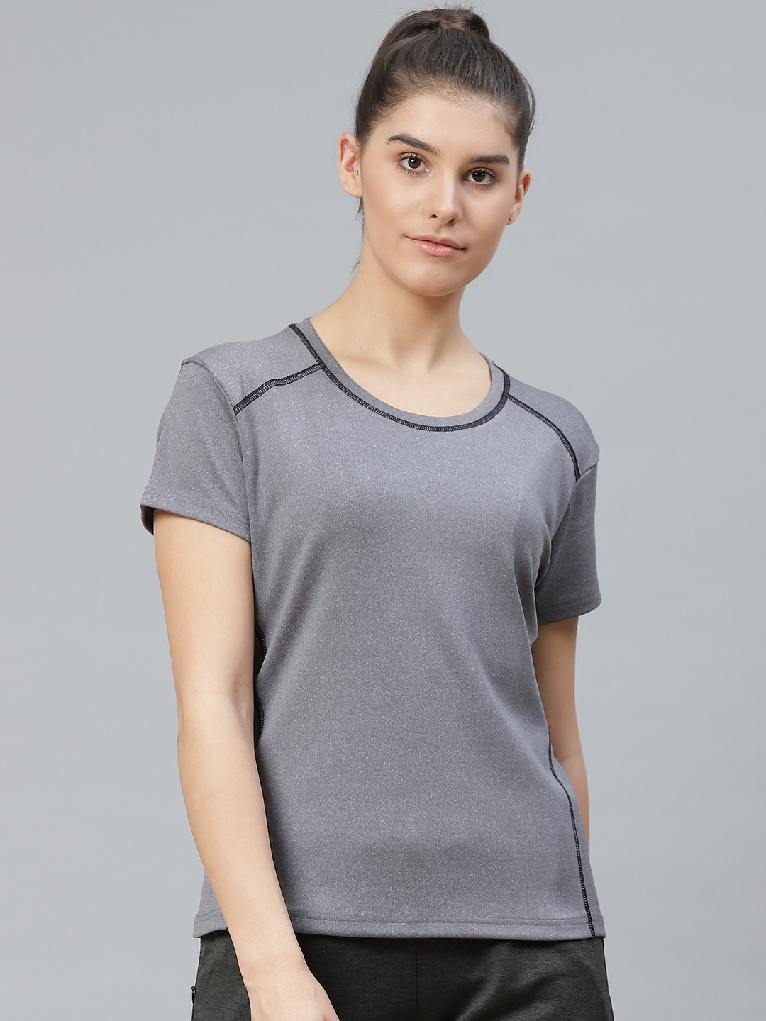 

CHKOKKO Women Grey Solid Round Neck Active Sports T-shirt