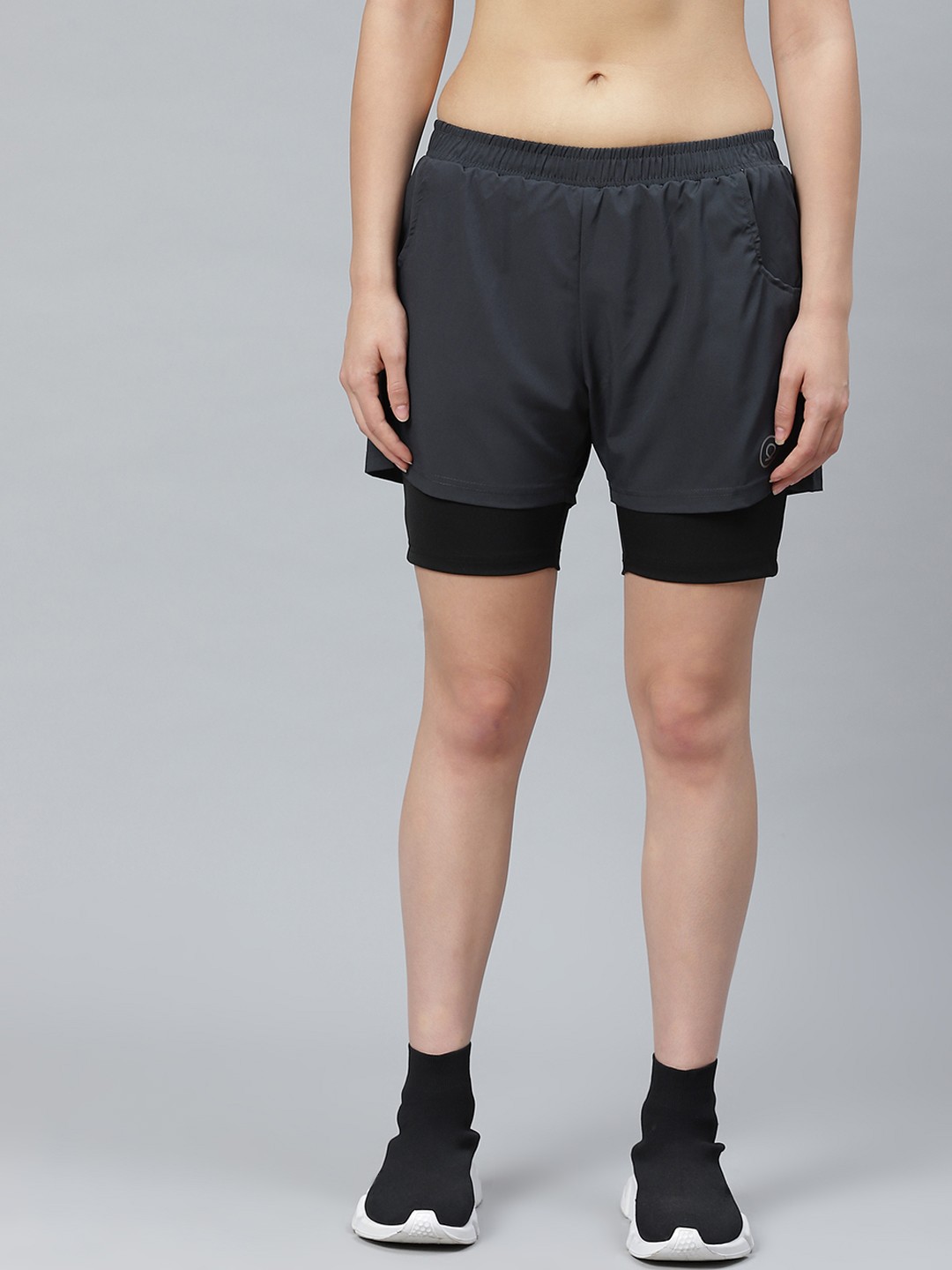 

CHKOKKO Women Charcoal Grey Solid Running Shorts