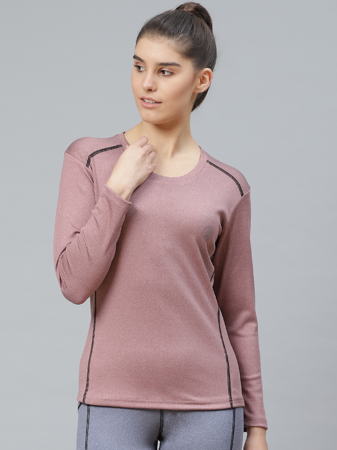 

CHKOKKO Women Mauve Solid Round Neck Sports T-shirt, Pink