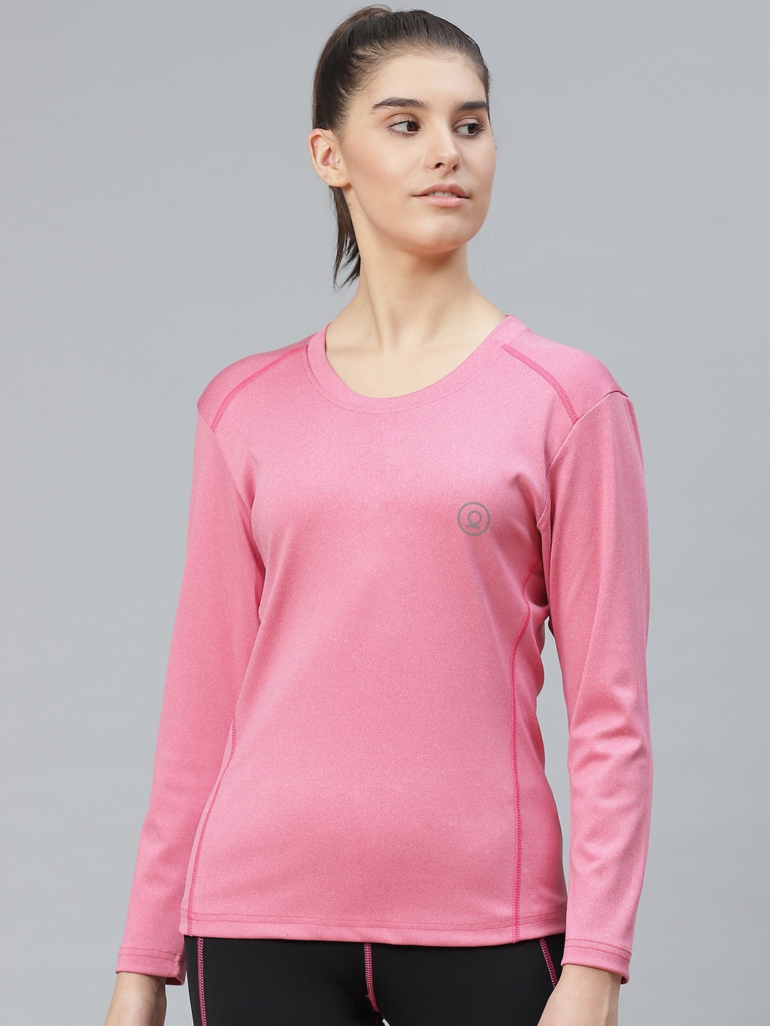 

CHKOKKO Women Pink Solid Round Neck Sports T-shirt
