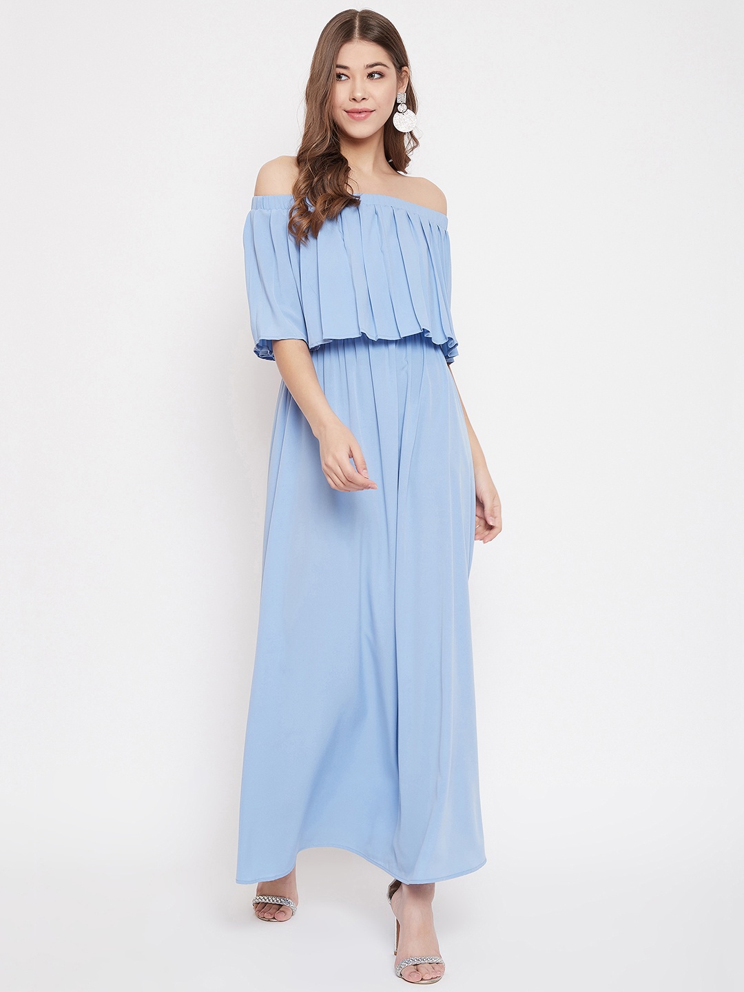 

Berrylush Women Blue Solid Off Shoulder Maxi Dress