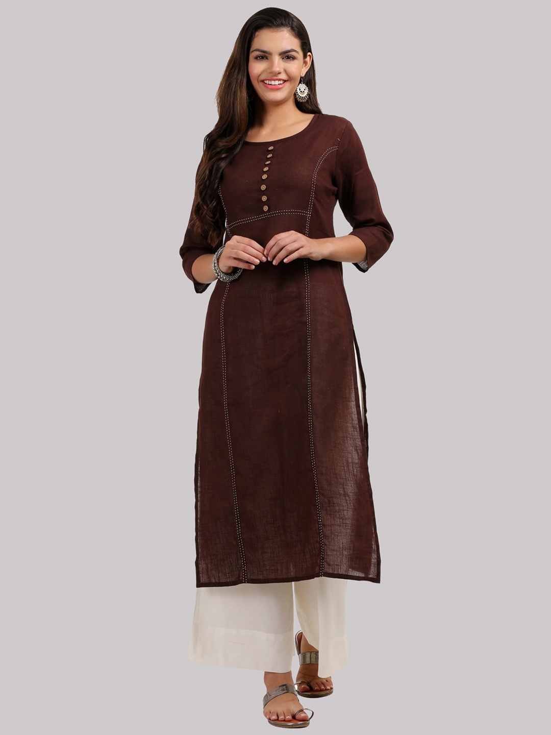 

KSUT Women Brown & Cream-Coloured Solid Straight Kurta
