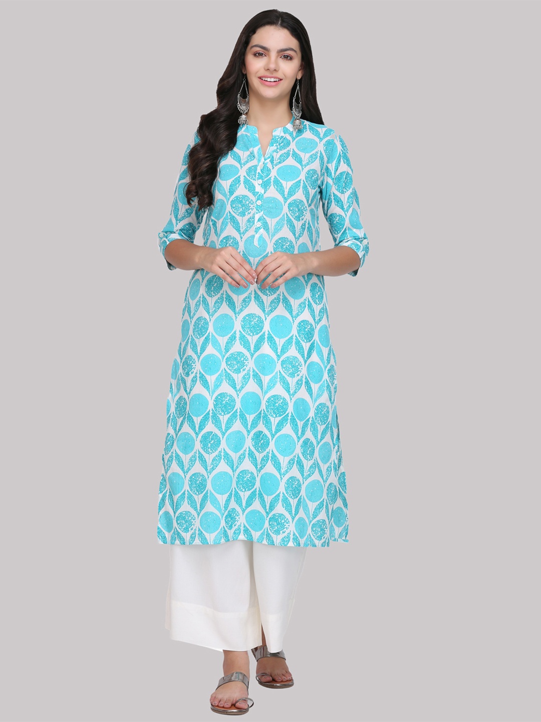 

KSUT Women White & Blue Printed Straight Kurta