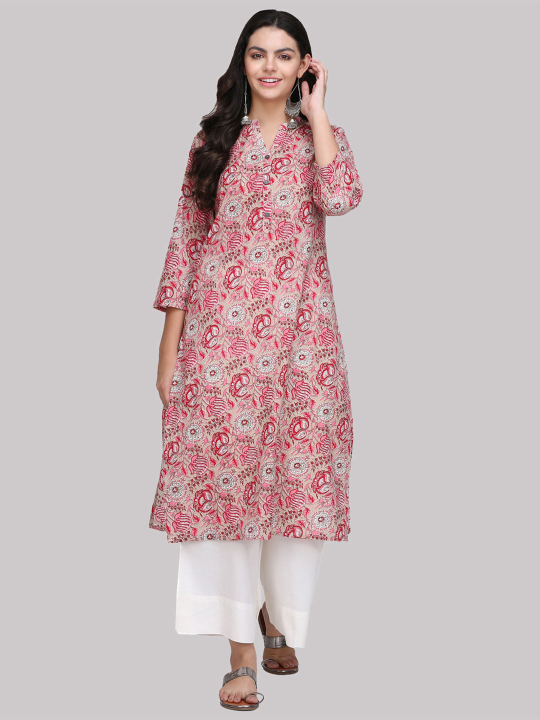 

KSUT Women Beige & Coral Printed Straight Kurta