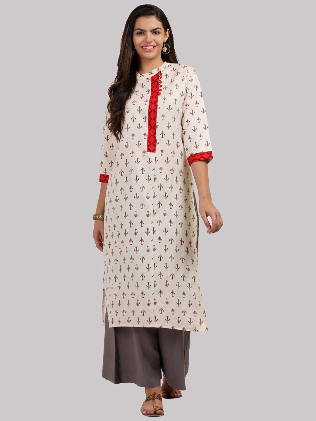 

KSUT Women Beige & Red Printed Straight Kurta