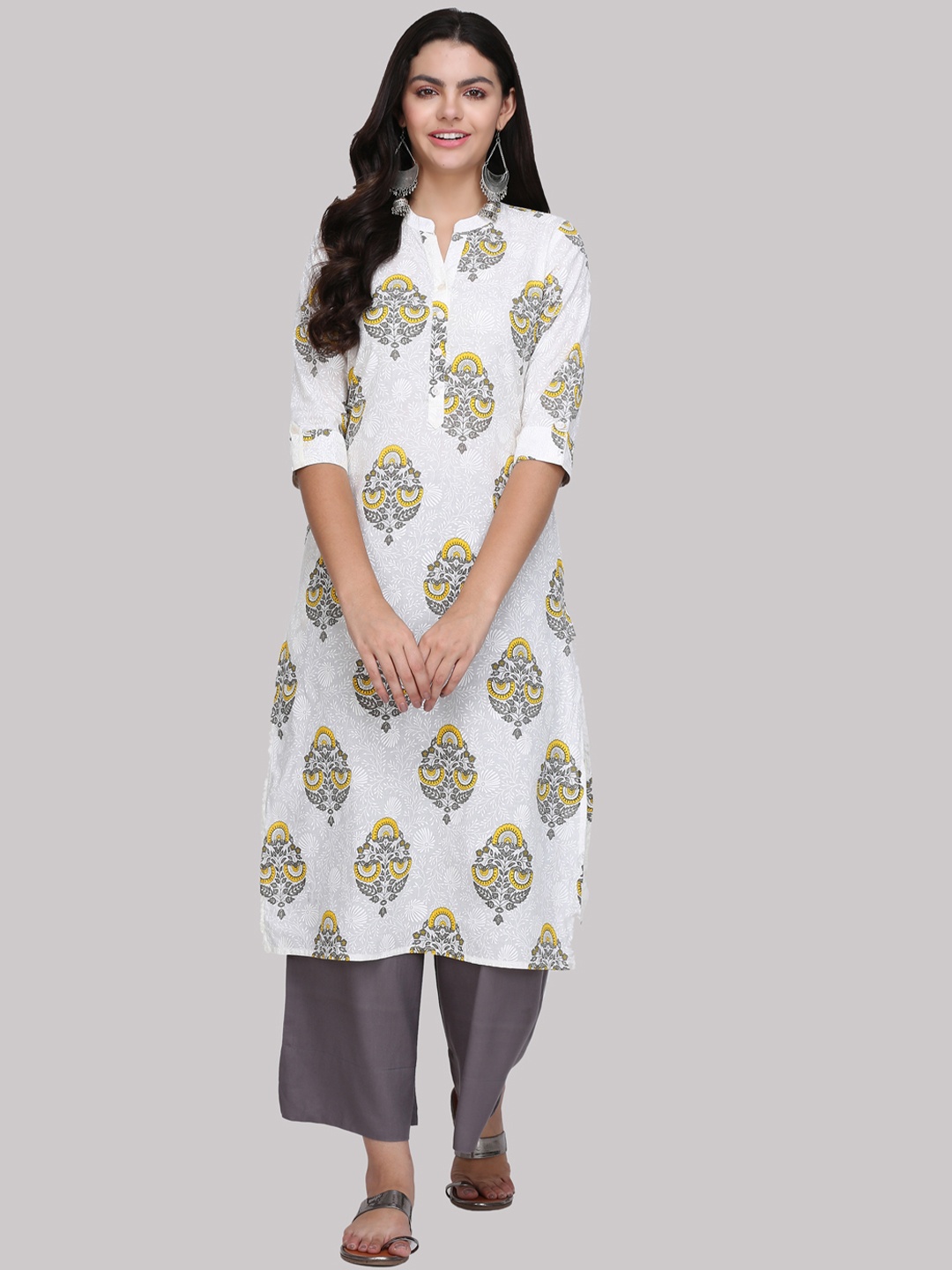 

KSUT Women White & Grey Printed Straight Kurta