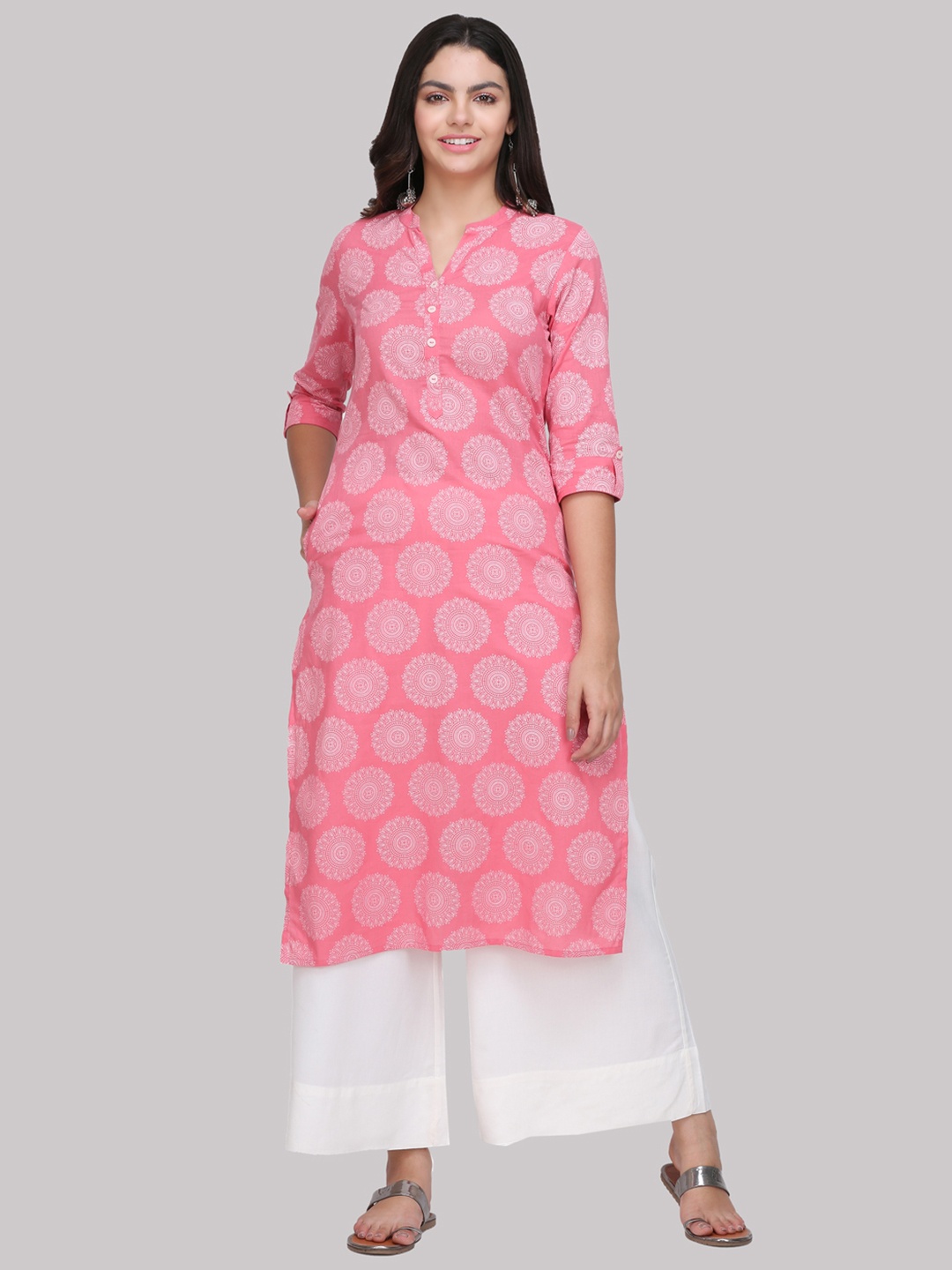 

KSUT Women Pink & White Printed Straight Kurta