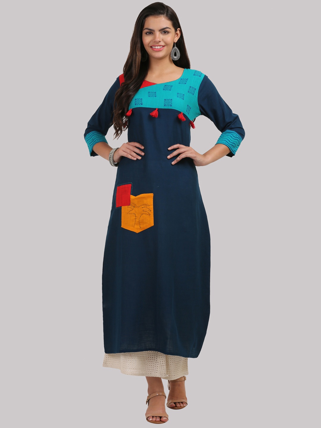 

KSUT Women Navy Blue & Teal Embellished Straight Kurta