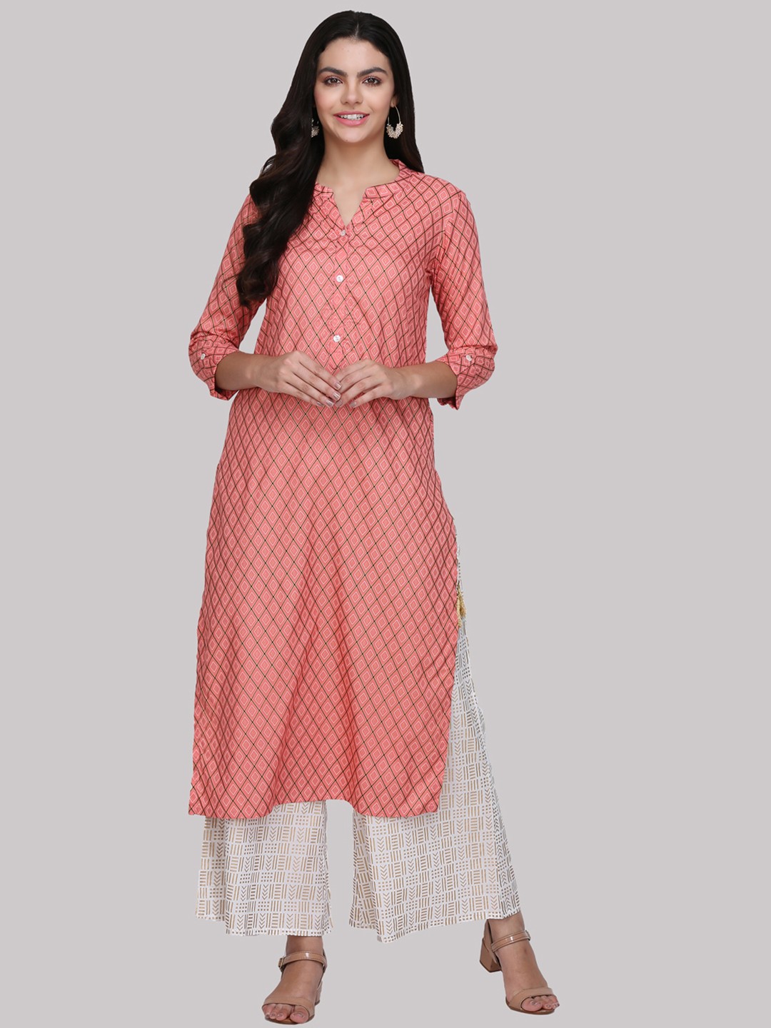 

KSUT Women Coral & Gold-Toned Printed Straight Kurta