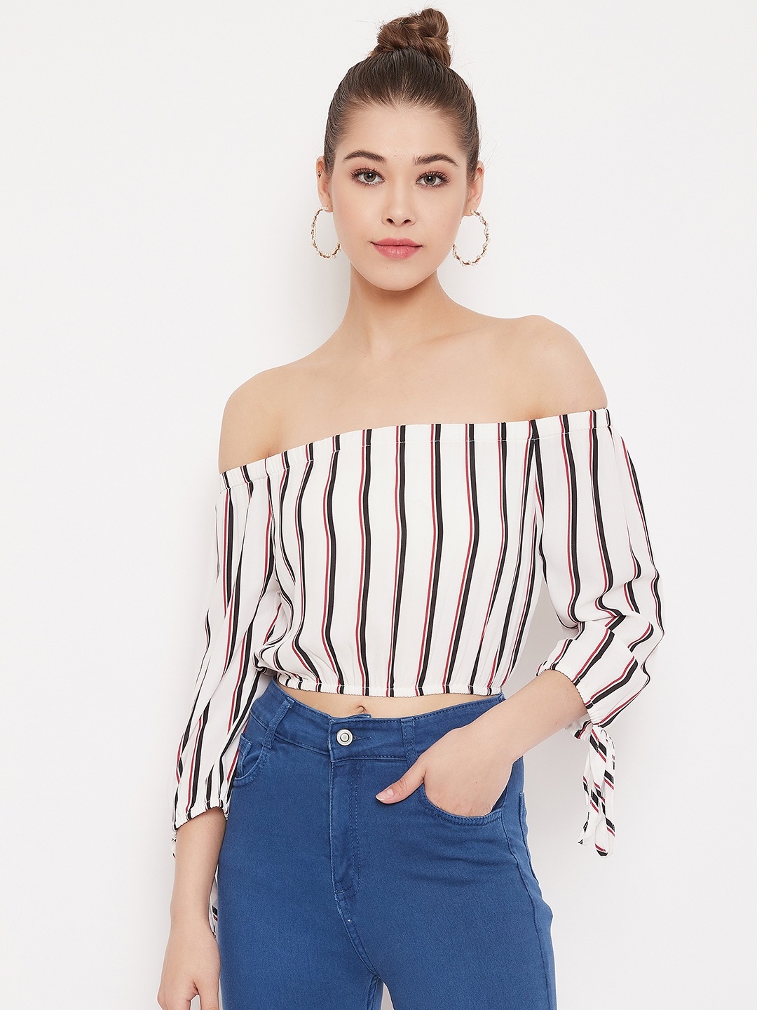 

Berrylush Women White Striped Bardot Top