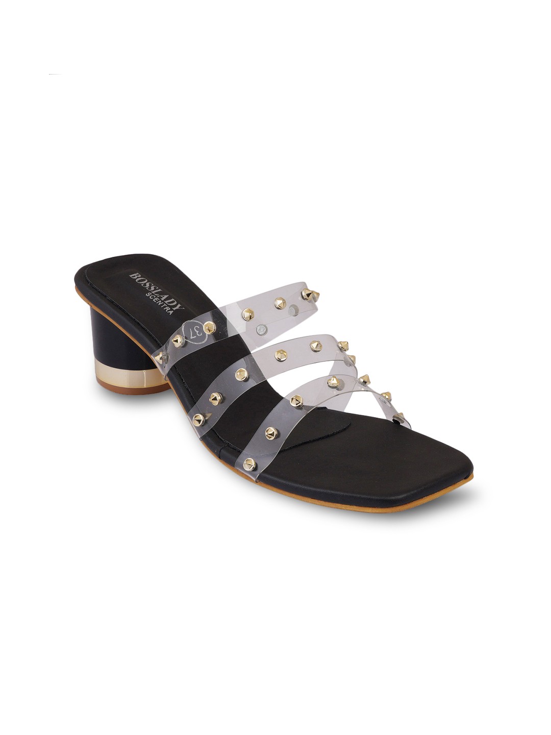 

SCENTRA Women Black & Transparent Embellished Block Heels