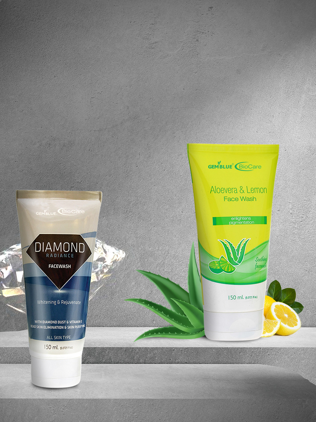 

GEMBLUE BioCare Unisex Aloevera Face Wash & Diamond Radiance Face Wash, 150ML (COMBO OF 2), Green