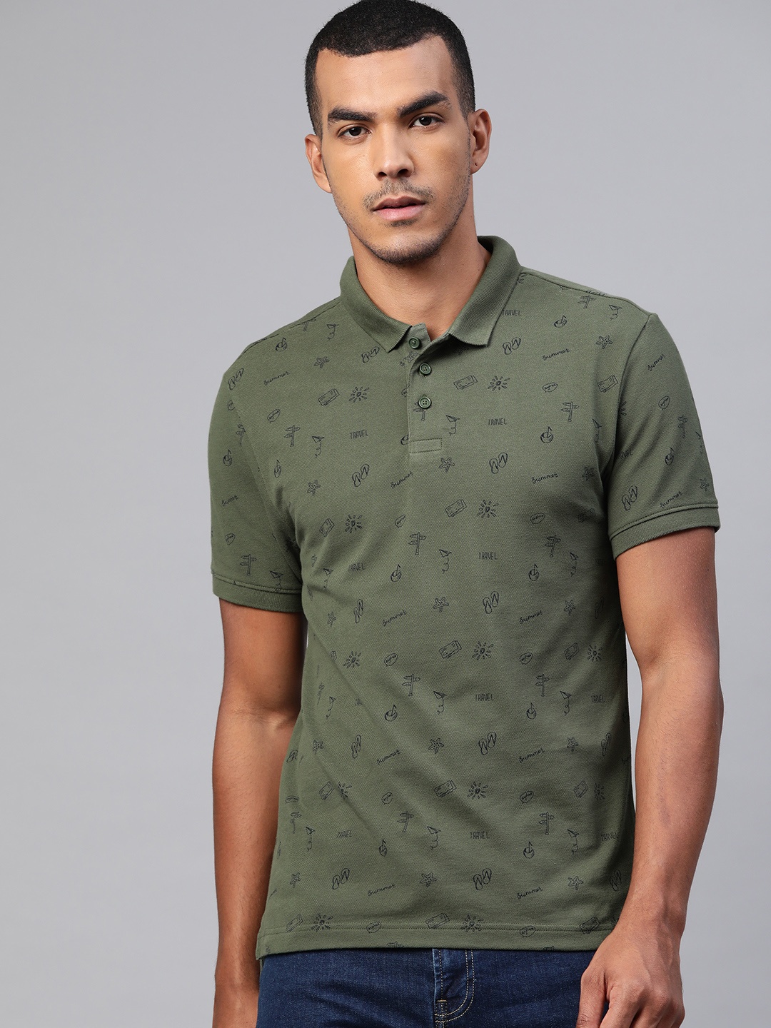 

Levis Men Olive Green Navy Blue Pure Cotton Quirky Printed Polo Collar Pure Cotton T-shirt